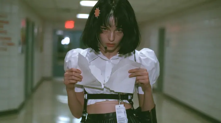 a young Caucasian American woman with pale skin and light freckles, a glossy black blunt jaw-length bob with heavy bangs and one clay-orange streak through the bangs, a small flat clay-orange eight-pointed star hair…
