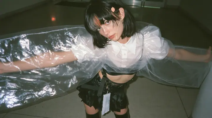 a young Caucasian American woman with pale skin and light freckles, a glossy black blunt jaw-length bob with heavy bangs and one clay-orange streak through the bangs, a small flat clay-orange eight-pointed star hair…
