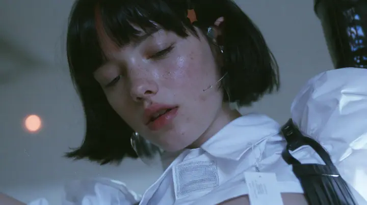 extreme close-up of a blank woven label stitched inside the collar of a white shirt, jaw of a young Caucasian American woman with pale skin and light freckles, a glossy black blunt jaw-length bob with heavy bangs and…