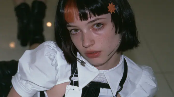 extreme close-up of a blank woven label stitched inside the collar of a white shirt, jaw of a young Caucasian American woman with pale skin and light freckles, a glossy black blunt jaw-length bob with heavy bangs and…