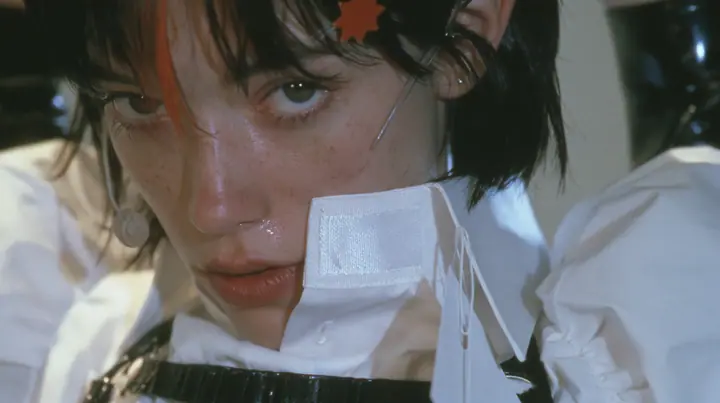 extreme close-up of a blank woven label stitched inside the collar of a white shirt, jaw of a young Caucasian American woman with pale skin and light freckles, a glossy black blunt jaw-length bob with heavy bangs and…