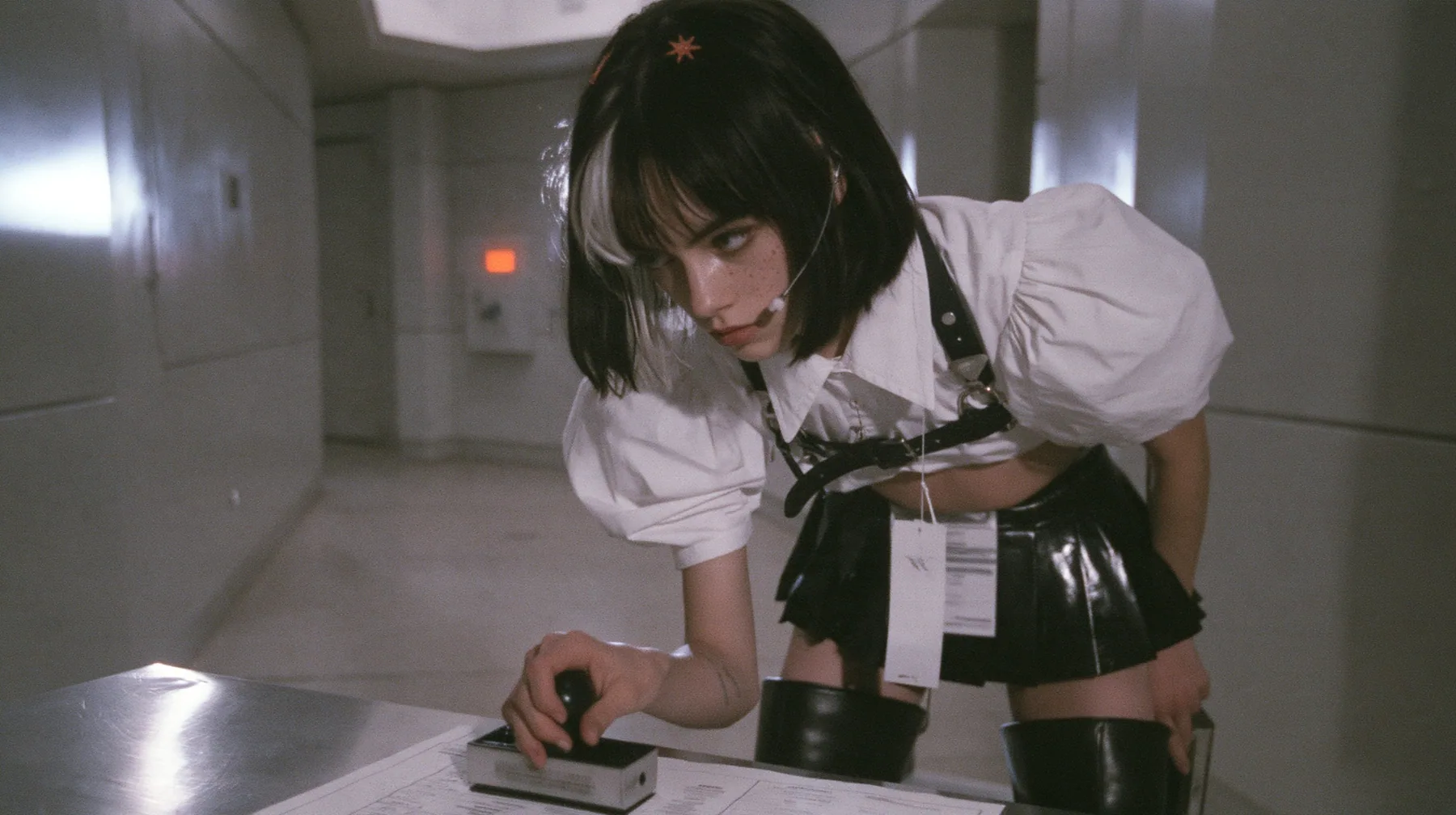 a young Caucasian American woman with pale skin and light freckles, a glossy black blunt jaw-length bob with heavy bangs and one clay-orange streak through the bangs, a small flat clay-orange eight-pointed star hair…