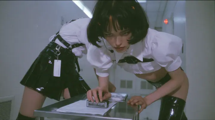 a young Caucasian American woman with pale skin and light freckles, a glossy black blunt jaw-length bob with heavy bangs and one clay-orange streak through the bangs, a small flat clay-orange eight-pointed star hair…