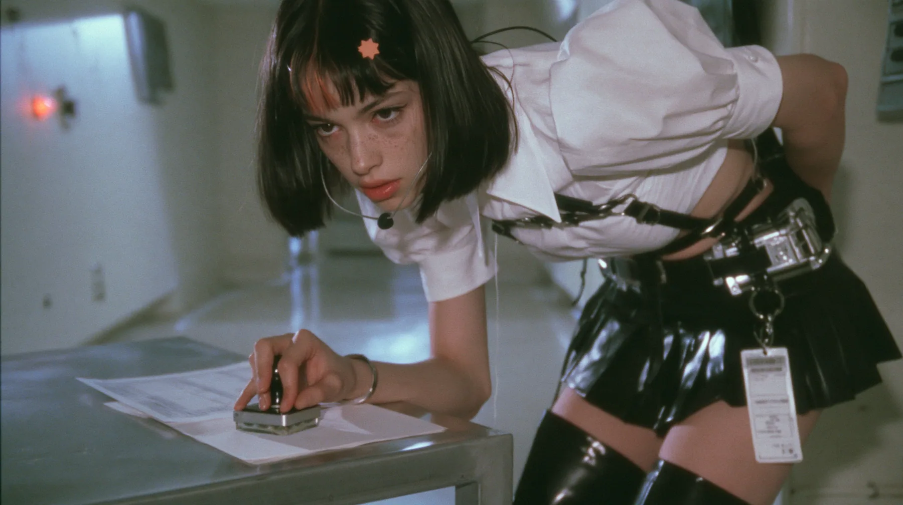 a young Caucasian American woman with pale skin and light freckles, a glossy black blunt jaw-length bob with heavy bangs and one clay-orange streak through the bangs, a small flat clay-orange eight-pointed star hair…