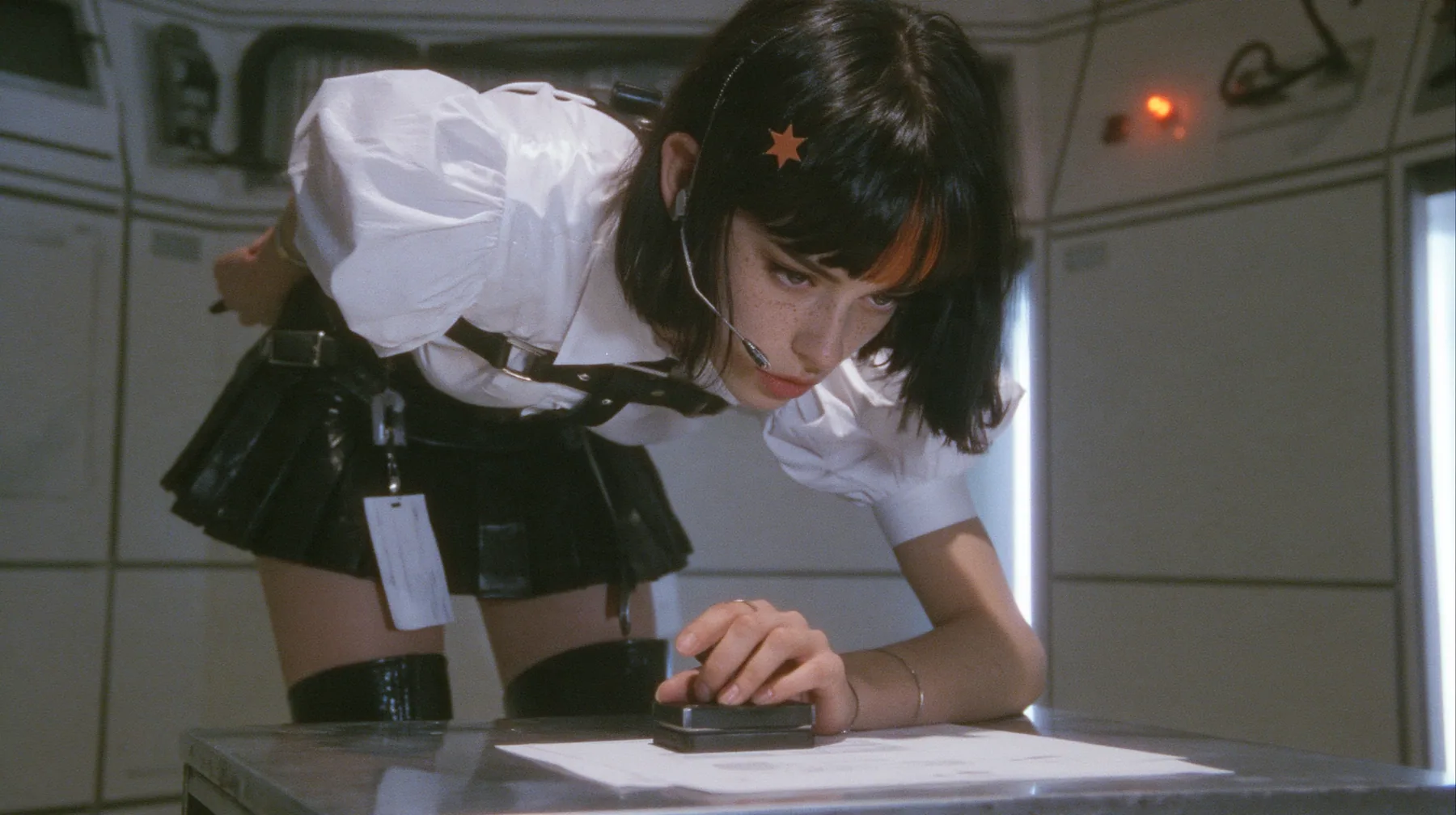 a young Caucasian American woman with pale skin and light freckles, a glossy black blunt jaw-length bob with heavy bangs and one clay-orange streak through the bangs, a small flat clay-orange eight-pointed star hair…