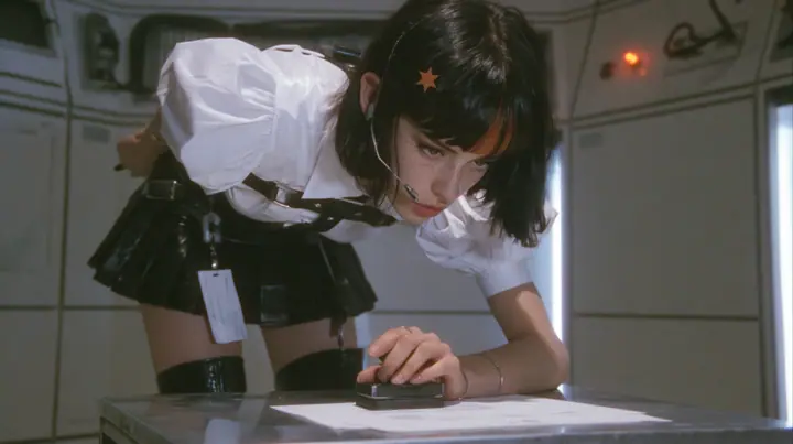 a young Caucasian American woman with pale skin and light freckles, a glossy black blunt jaw-length bob with heavy bangs and one clay-orange streak through the bangs, a small flat clay-orange eight-pointed star hair…