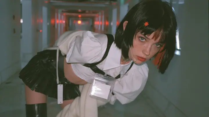 a young Caucasian American woman with pale skin and light freckles, a glossy black blunt jaw-length bob with heavy bangs and one clay-orange streak through the bangs, a small flat clay-orange eight-pointed star hair…