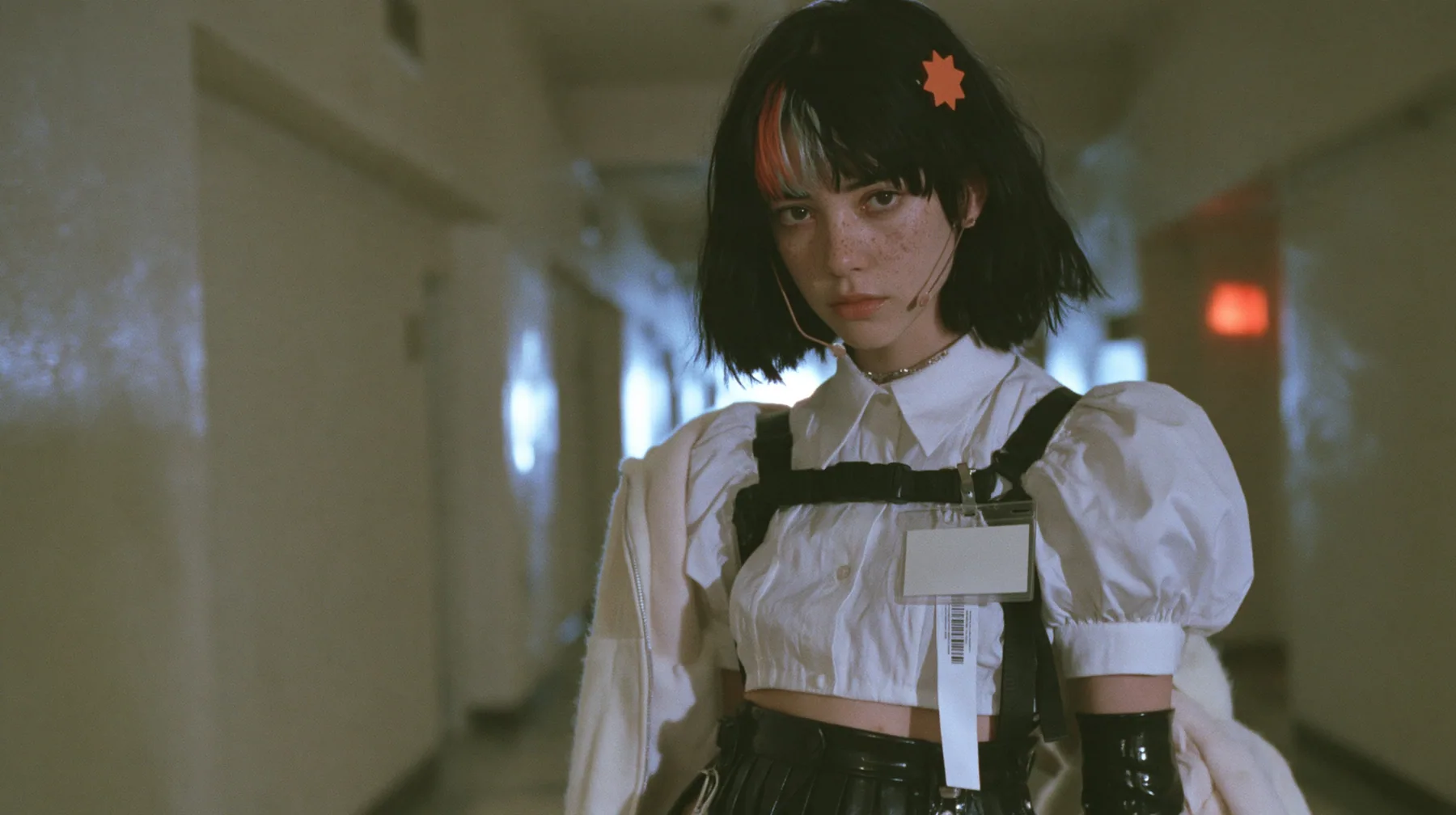 a young Caucasian American woman with pale skin and light freckles, a glossy black blunt jaw-length bob with heavy bangs and one clay-orange streak through the bangs, a small flat clay-orange eight-pointed star hair…