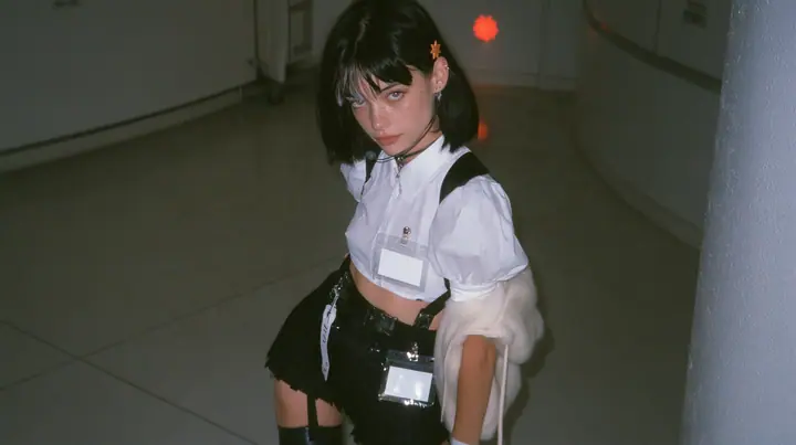 a young Caucasian American woman with pale skin and light freckles, a glossy black blunt jaw-length bob with heavy bangs and one clay-orange streak through the bangs, a small flat clay-orange eight-pointed star hair…