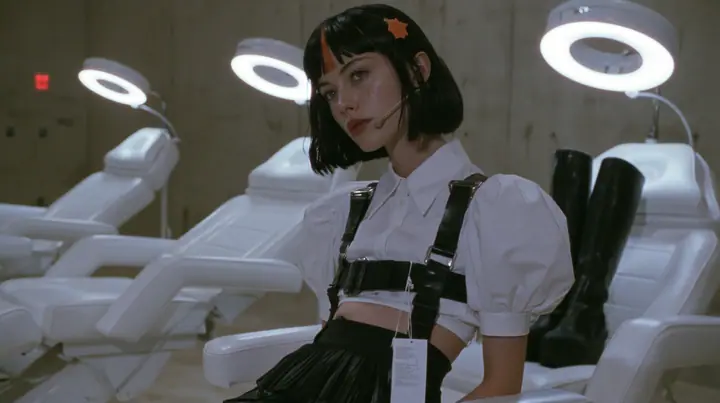 three white reclining treatment chairs in a row in a pale concrete room, ring lights above each, a young Caucasian American woman with pale skin and light freckles, a glossy black blunt jaw-length bob with heavy…