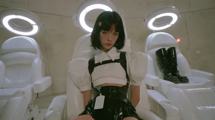 three white reclining treatment chairs in a row in a pale concrete room, ring lights above each, a young Caucasian American woman with pale skin and light freckles, a glossy black blunt jaw-length bob with heavy…