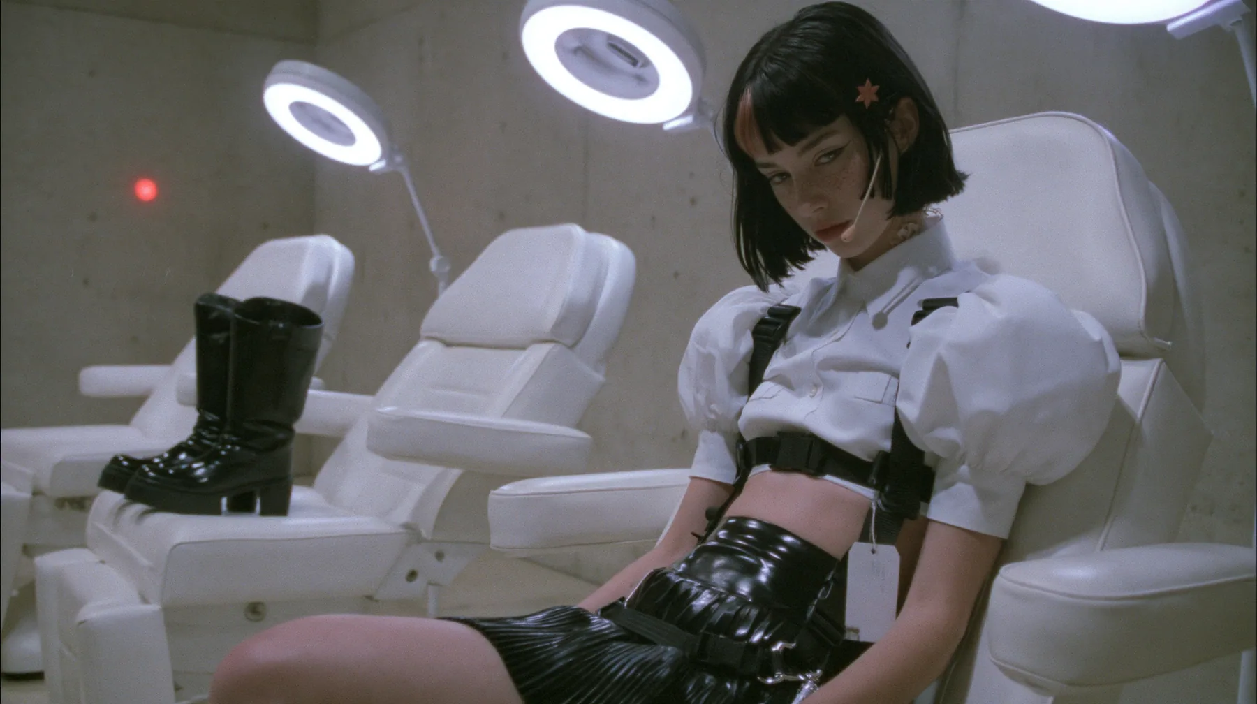 three white reclining treatment chairs in a row in a pale concrete room, ring lights above each, a young Caucasian American woman with pale skin and light freckles, a glossy black blunt jaw-length bob with heavy…