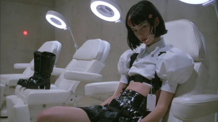 three white reclining treatment chairs in a row in a pale concrete room, ring lights above each, a young Caucasian American woman with pale skin and light freckles, a glossy black blunt jaw-length bob with heavy…