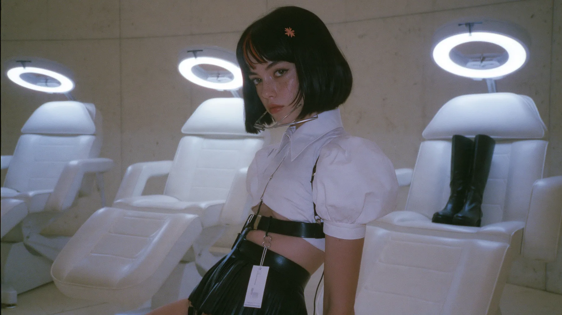 three white reclining treatment chairs in a row in a pale concrete room, ring lights above each, a young Caucasian American woman with pale skin and light freckles, a glossy black blunt jaw-length bob with heavy…