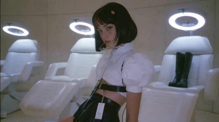 three white reclining treatment chairs in a row in a pale concrete room, ring lights above each, a young Caucasian American woman with pale skin and light freckles, a glossy black blunt jaw-length bob with heavy…