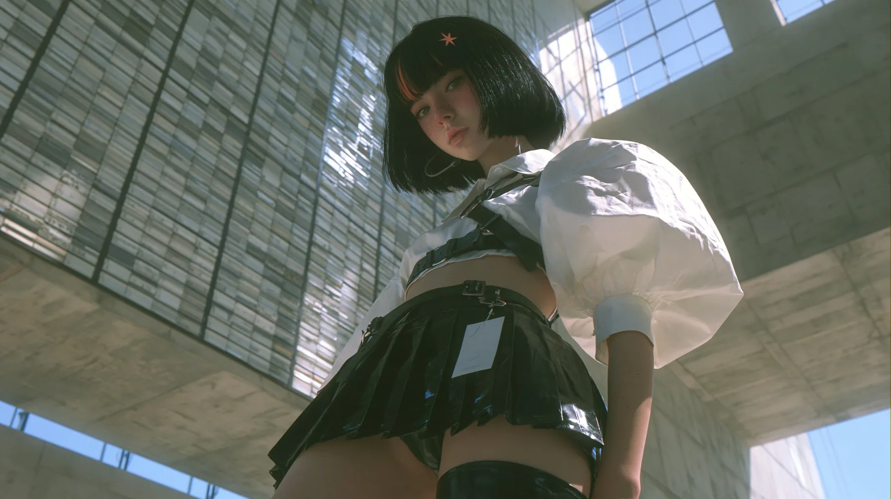 a colossal split-flap board on the wall of a concrete hall at dawn, pale light through high windows, a young Caucasian American woman with pale skin and light freckles, a glossy black blunt jaw-length bob with heavy…