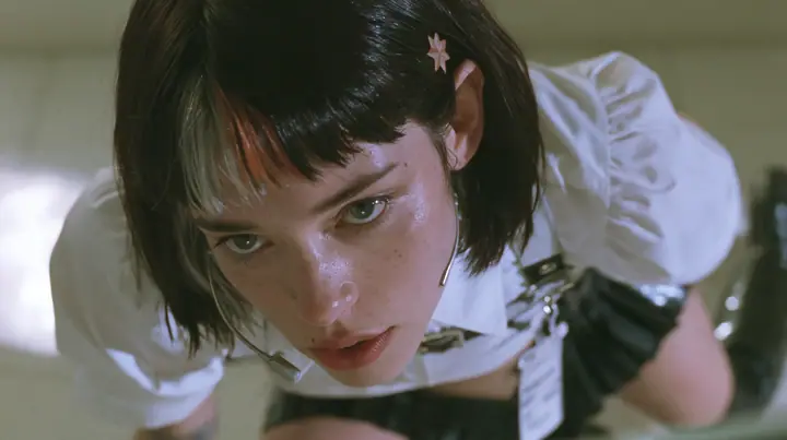 close-up of a young Caucasian American woman with pale skin and light freckles, a glossy black blunt jaw-length bob with heavy bangs and one clay-orange streak through the bangs, a small flat clay-orange…