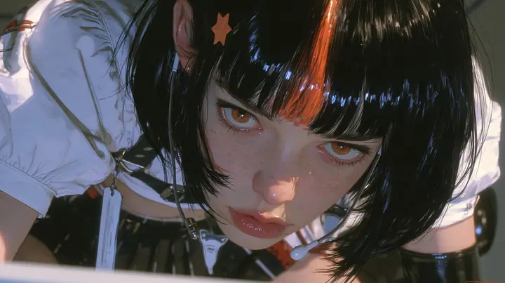 close-up of a young Caucasian American woman with pale skin and light freckles, a glossy black blunt jaw-length bob with heavy bangs and one clay-orange streak through the bangs, a small flat clay-orange…