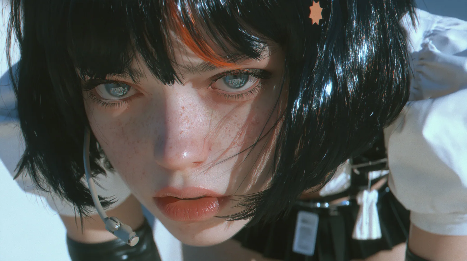 close-up of a young Caucasian American woman with pale skin and light freckles, a glossy black blunt jaw-length bob with heavy bangs and one clay-orange streak through the bangs, a small flat clay-orange…
