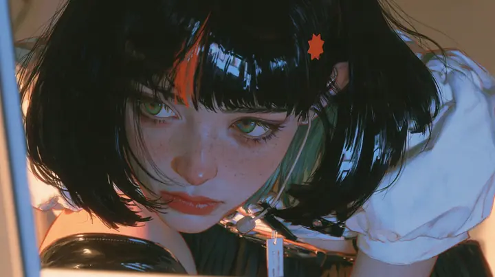 close-up of a young Caucasian American woman with pale skin and light freckles, a glossy black blunt jaw-length bob with heavy bangs and one clay-orange streak through the bangs, a small flat clay-orange…