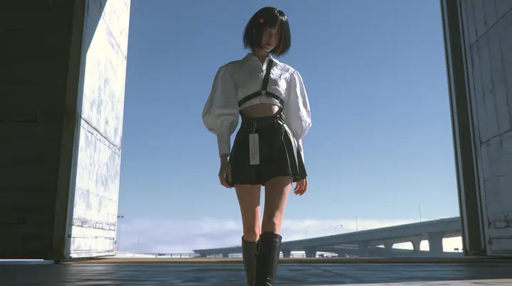a huge rolling loading door rising at dawn, pale light flooding a dark hall, beyond it an elevated freeway above a sea of fog, a young Caucasian American woman with pale skin and light freckles, a glossy black blunt…