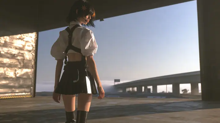 a huge rolling loading door rising at dawn, pale light flooding a dark hall, beyond it an elevated freeway above a sea of fog, a young Caucasian American woman with pale skin and light freckles, a glossy black blunt…