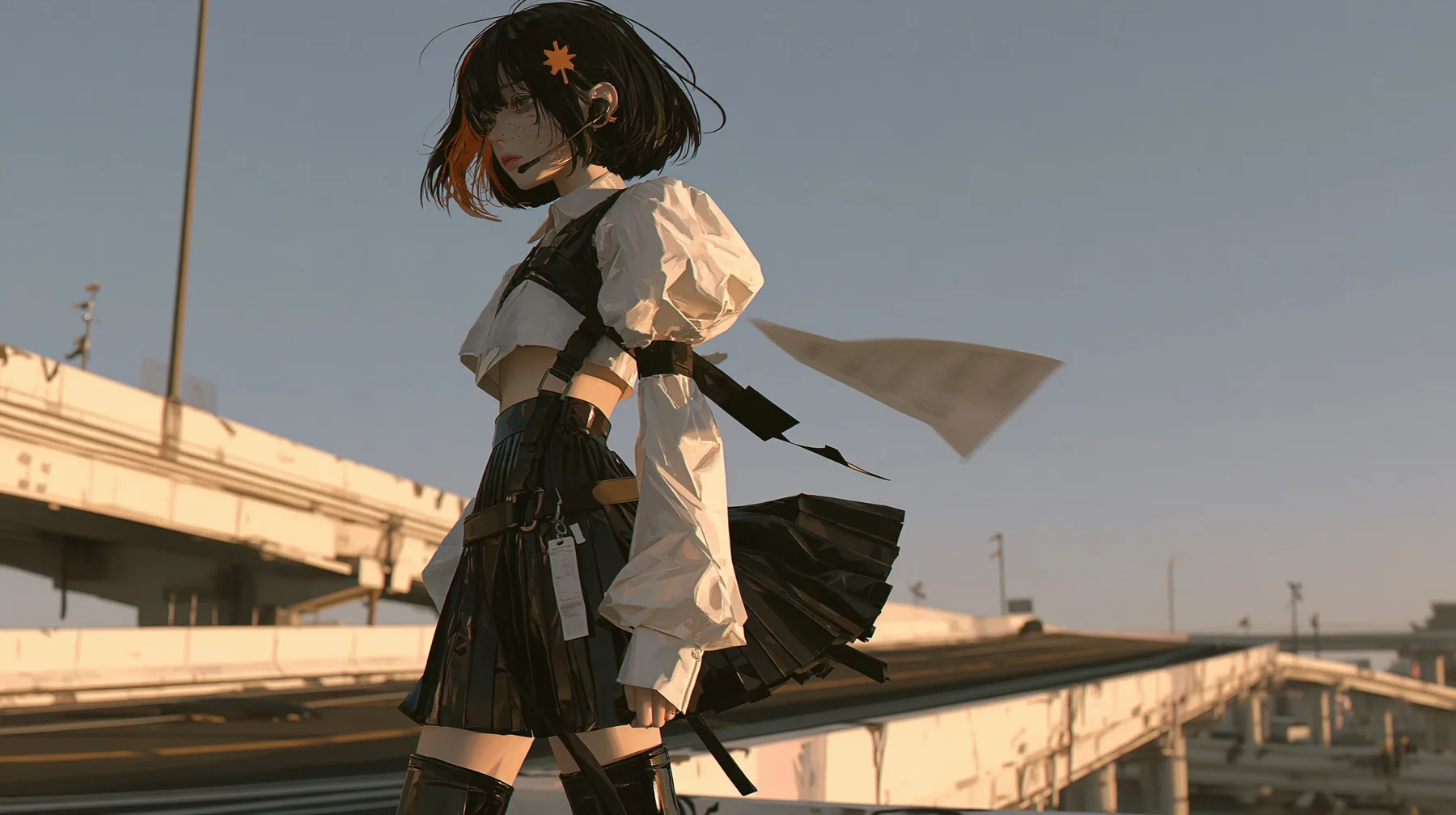 a young Caucasian American woman with pale skin and light freckles, a glossy black blunt jaw-length bob with heavy bangs and one clay-orange streak through the bangs, a small flat clay-orange eight-pointed star hair…