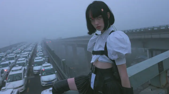 a young Caucasian American woman with pale skin and light freckles, a glossy black blunt jaw-length bob with heavy bangs and one clay-orange streak through the bangs, a small flat clay-orange eight-pointed star hair…