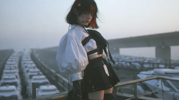 a young Caucasian American woman with pale skin and light freckles, a glossy black blunt jaw-length bob with heavy bangs and one clay-orange streak through the bangs, a small flat clay-orange eight-pointed star hair…