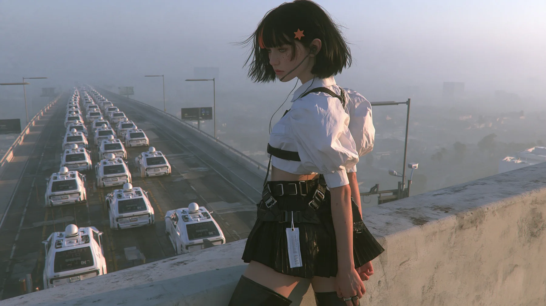a young Caucasian American woman with pale skin and light freckles, a glossy black blunt jaw-length bob with heavy bangs and one clay-orange streak through the bangs, a small flat clay-orange eight-pointed star hair…