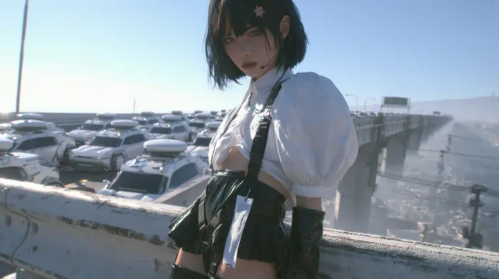 a young Caucasian American woman with pale skin and light freckles, a glossy black blunt jaw-length bob with heavy bangs and one clay-orange streak through the bangs, a small flat clay-orange eight-pointed star hair…