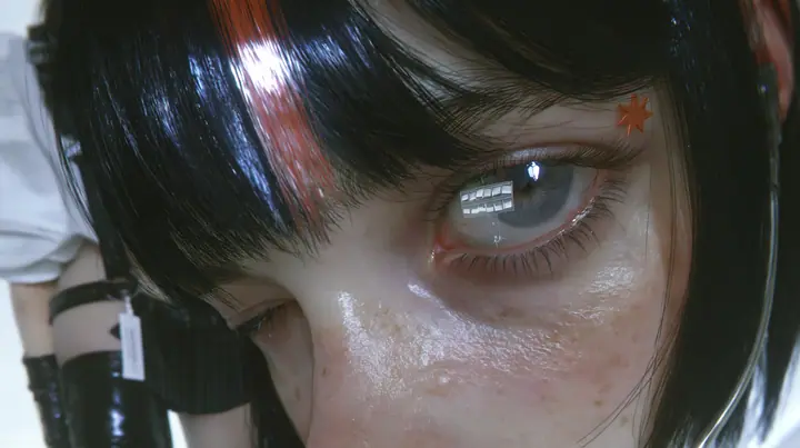 extreme close-up of an eye of a young Caucasian American woman with pale skin and light freckles, a glossy black blunt jaw-length bob with heavy bangs and one clay-orange streak through the bangs, a small flat…