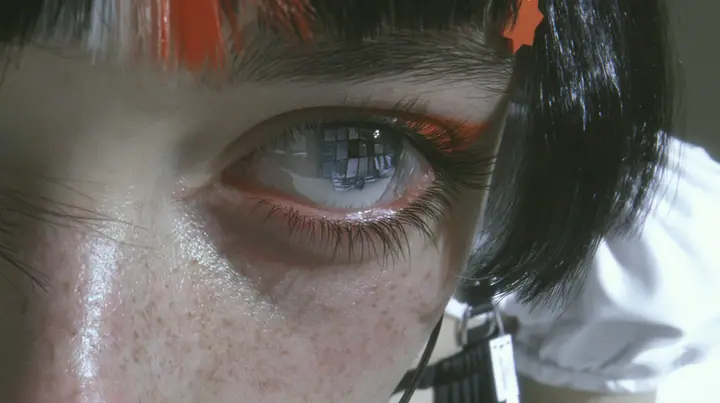 extreme close-up of an eye of a young Caucasian American woman with pale skin and light freckles, a glossy black blunt jaw-length bob with heavy bangs and one clay-orange streak through the bangs, a small flat…