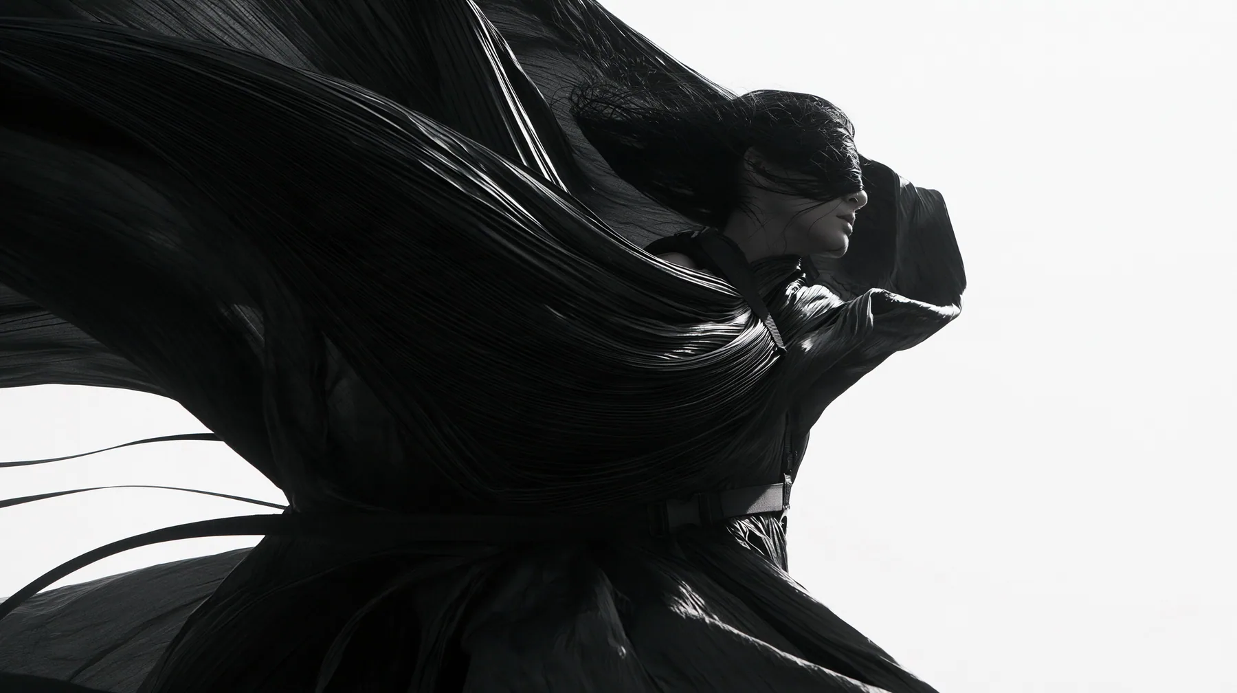 a huge black pleated fabric whipping in wind against a white void, harness straps flying, high-key white void, pure white paper light, hard clean black shadows, monochrome, no text, no letters, no logos