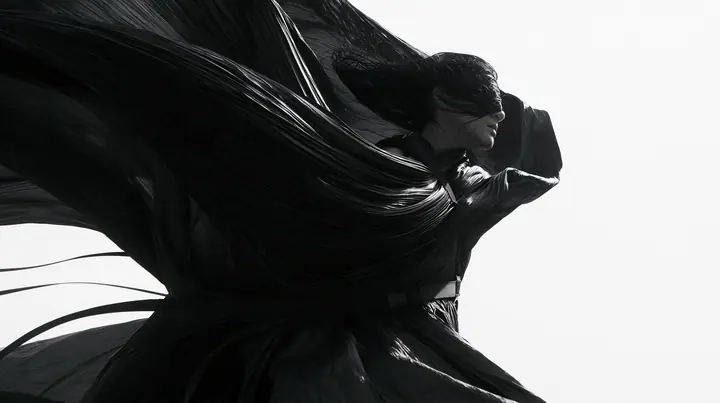 a huge black pleated fabric whipping in wind against a white void, harness straps flying, high-key white void, pure white paper light, hard clean black shadows, monochrome, no text, no letters, no logos