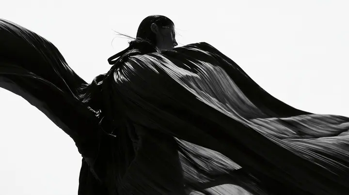 a huge black pleated fabric whipping in wind against a white void, harness straps flying, high-key white void, pure white paper light, hard clean black shadows, monochrome, no text, no letters, no logos