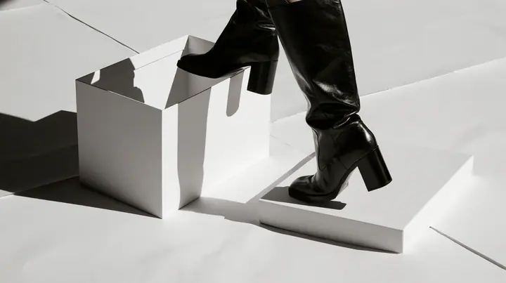 an empty white shoebox with its lid off on a white paper floor, one black knee boot stepping out of it, high-key white void, pure white paper light, hard clean black shadows, monochrome, no text, no letters, no logos