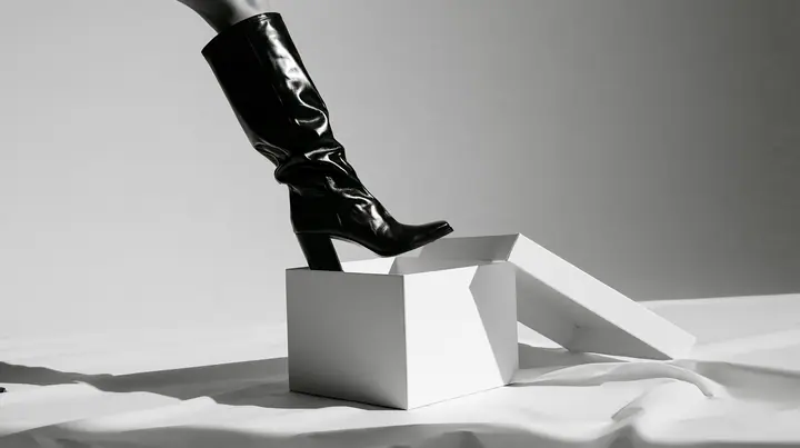 an empty white shoebox with its lid off on a white paper floor, one black knee boot stepping out of it, high-key white void, pure white paper light, hard clean black shadows, monochrome, no text, no letters, no logos