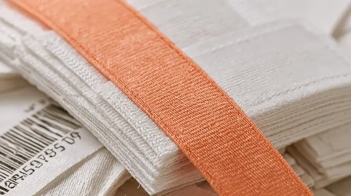 macro of a stack of white woven garment labels and one clay-orange label, barcodes, thread texture, high-key white paper, one clay-orange #D97757 accent as the only colour, soft shadowless light, no text, no letters,…