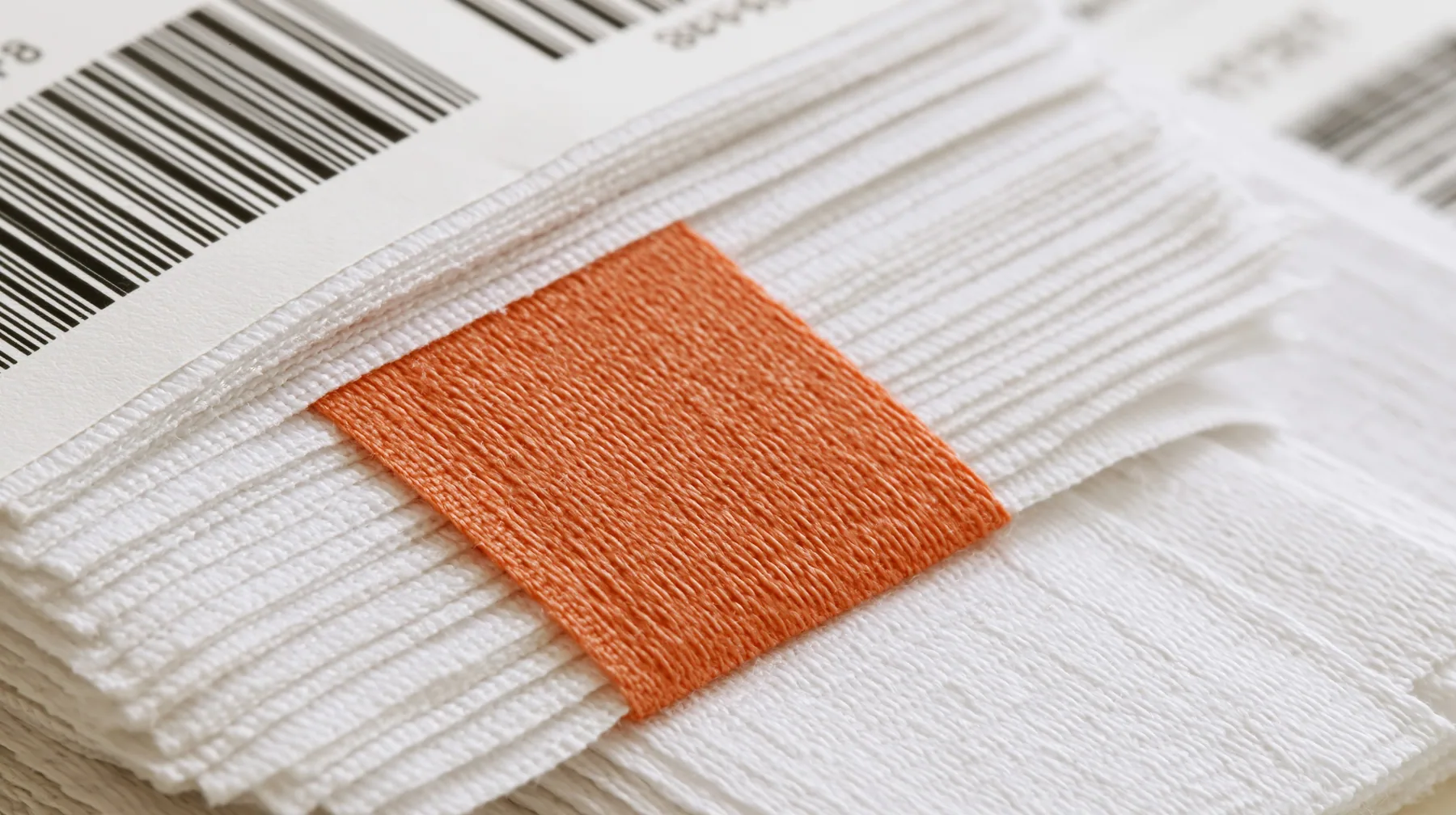 macro of a stack of white woven garment labels and one clay-orange label, barcodes, thread texture, high-key white paper, one clay-orange #D97757 accent as the only colour, soft shadowless light, no text, no letters,…