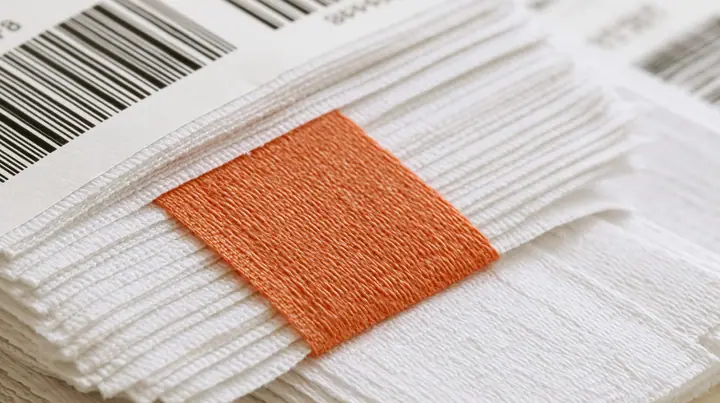 macro of a stack of white woven garment labels and one clay-orange label, barcodes, thread texture, high-key white paper, one clay-orange #D97757 accent as the only colour, soft shadowless light, no text, no letters,…