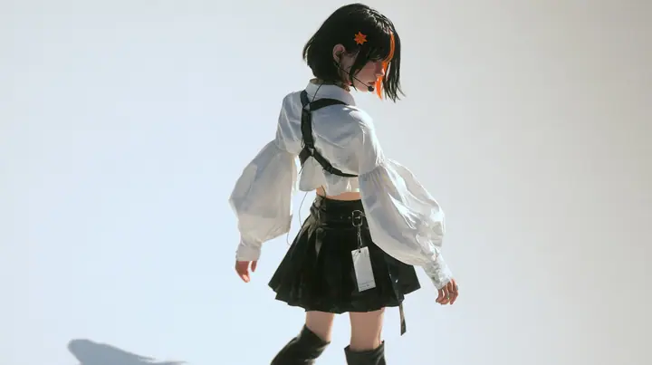 a young Caucasian American woman with pale skin and light freckles, a glossy black blunt jaw-length bob with heavy bangs and one clay-orange streak through the bangs, a small flat clay-orange eight-pointed star hair…