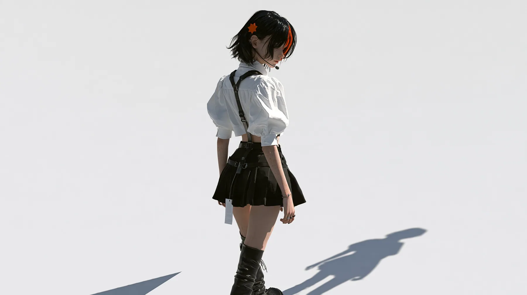 a young Caucasian American woman with pale skin and light freckles, a glossy black blunt jaw-length bob with heavy bangs and one clay-orange streak through the bangs, a small flat clay-orange eight-pointed star hair…