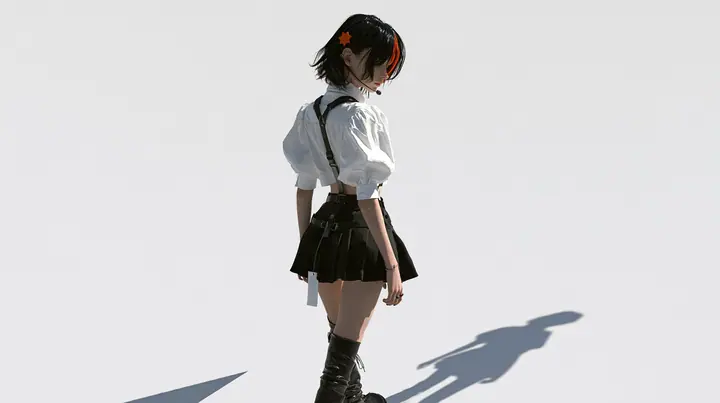 a young Caucasian American woman with pale skin and light freckles, a glossy black blunt jaw-length bob with heavy bangs and one clay-orange streak through the bangs, a small flat clay-orange eight-pointed star hair…
