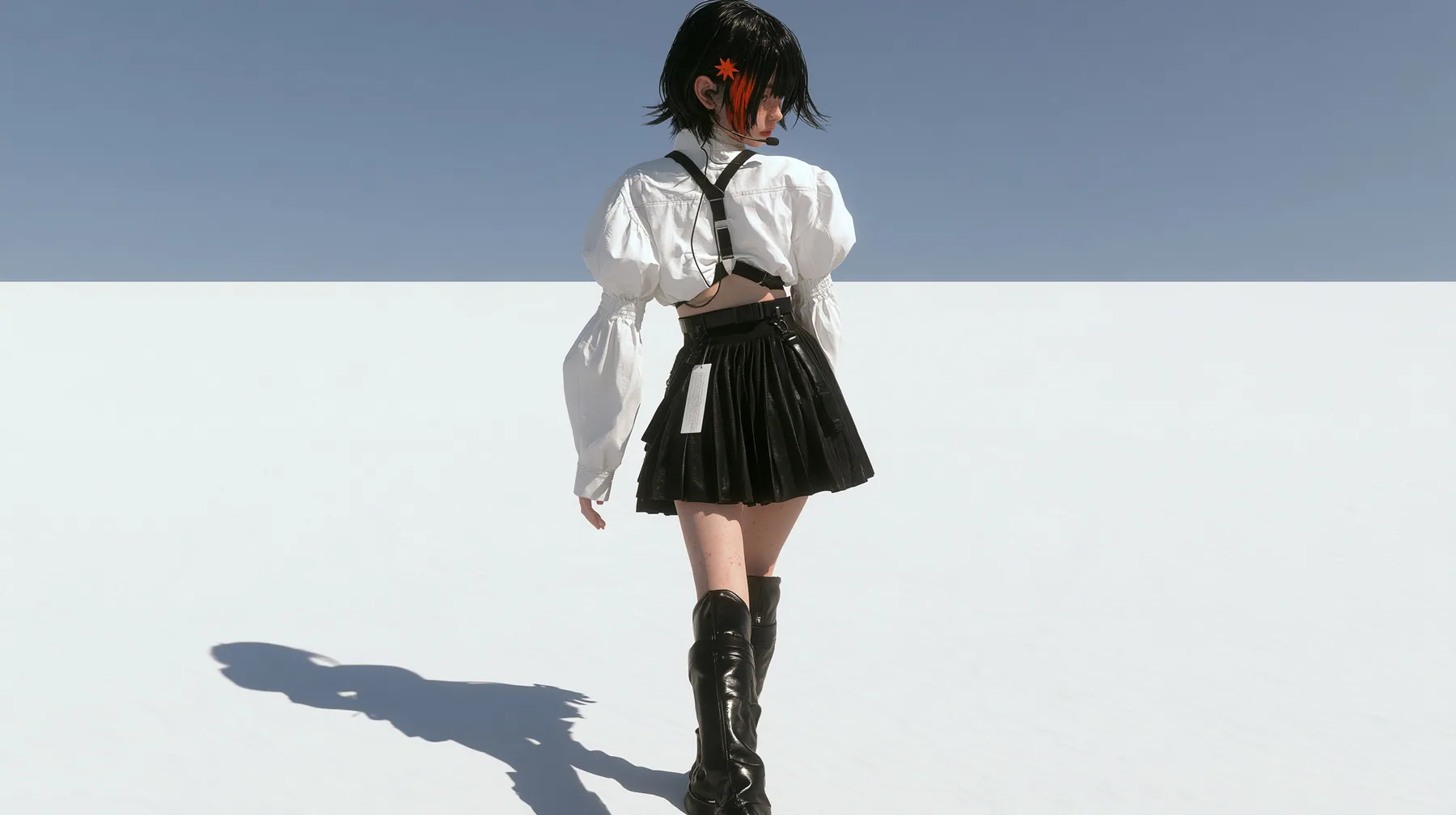a young Caucasian American woman with pale skin and light freckles, a glossy black blunt jaw-length bob with heavy bangs and one clay-orange streak through the bangs, a small flat clay-orange eight-pointed star hair…