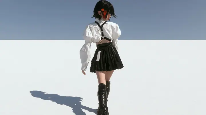 a young Caucasian American woman with pale skin and light freckles, a glossy black blunt jaw-length bob with heavy bangs and one clay-orange streak through the bangs, a small flat clay-orange eight-pointed star hair…