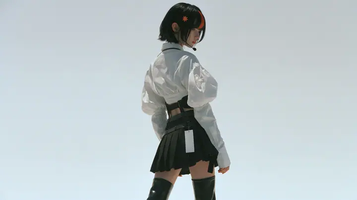 a young Caucasian American woman with pale skin and light freckles, a glossy black blunt jaw-length bob with heavy bangs and one clay-orange streak through the bangs, a small flat clay-orange eight-pointed star hair…