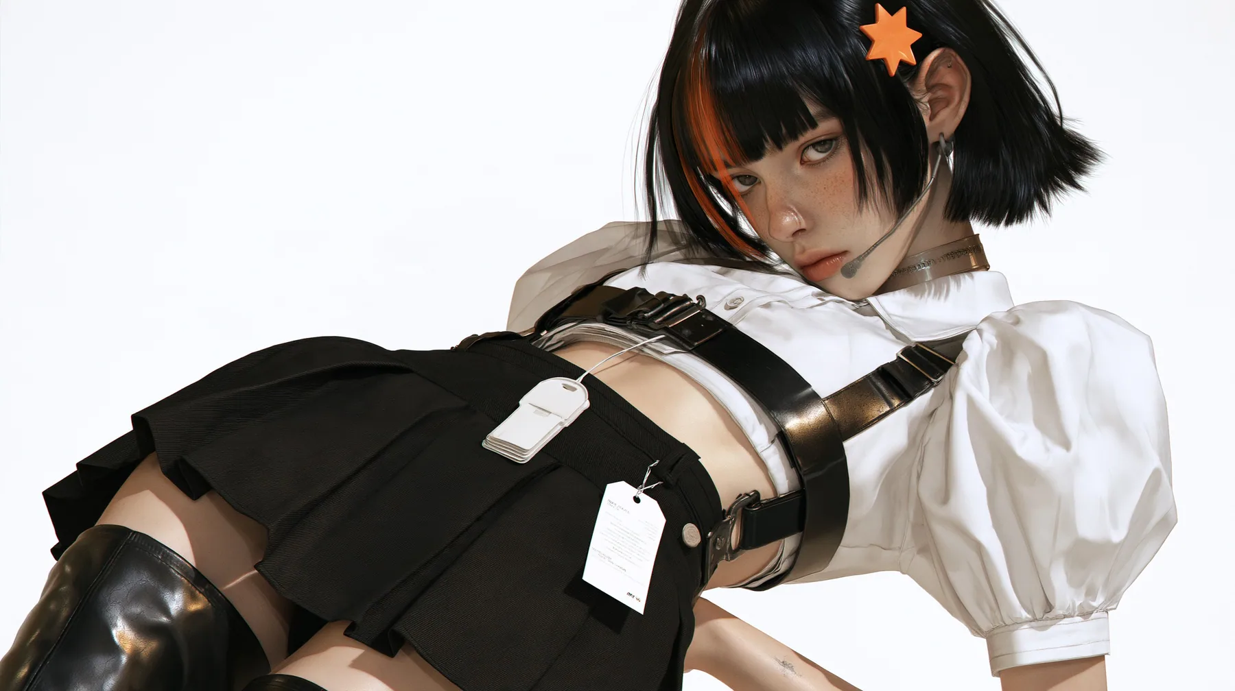 the hips of a young Caucasian American woman with pale skin and light freckles, a glossy black blunt jaw-length bob with heavy bangs and one clay-orange streak through the bangs, a small flat clay-orange…