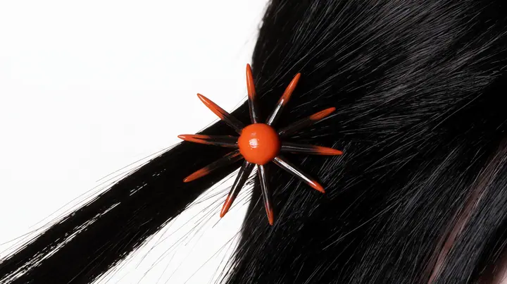 extreme close-up of an eight-pointed clay-orange spark hair clip in black hair against white, high-key white paper, one clay-orange #D97757 accent as the only colour, soft shadowless light, no text, no letters, no logos