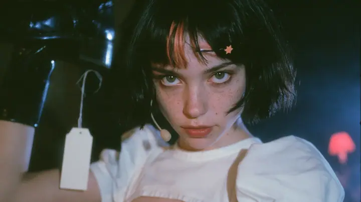 medium close-up of a young Caucasian American woman with pale skin and light freckles, a glossy black blunt jaw-length bob with heavy bangs and one clay-orange streak through the bangs, a small flat clay-orange…